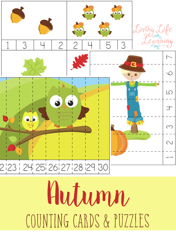 If you enjoy doing themes in your homeschool then you are going to love these fall counting cards and puzzles! Your children will have fun revealing the fun fall pictures that are shown after counting correctly! 
